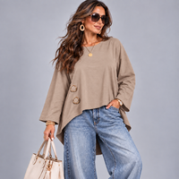 Fine Cord Cotton Long Sleeve Dipped Hem Top