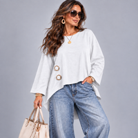 Fine Cord Cotton Long Sleeve Dipped Hem Top