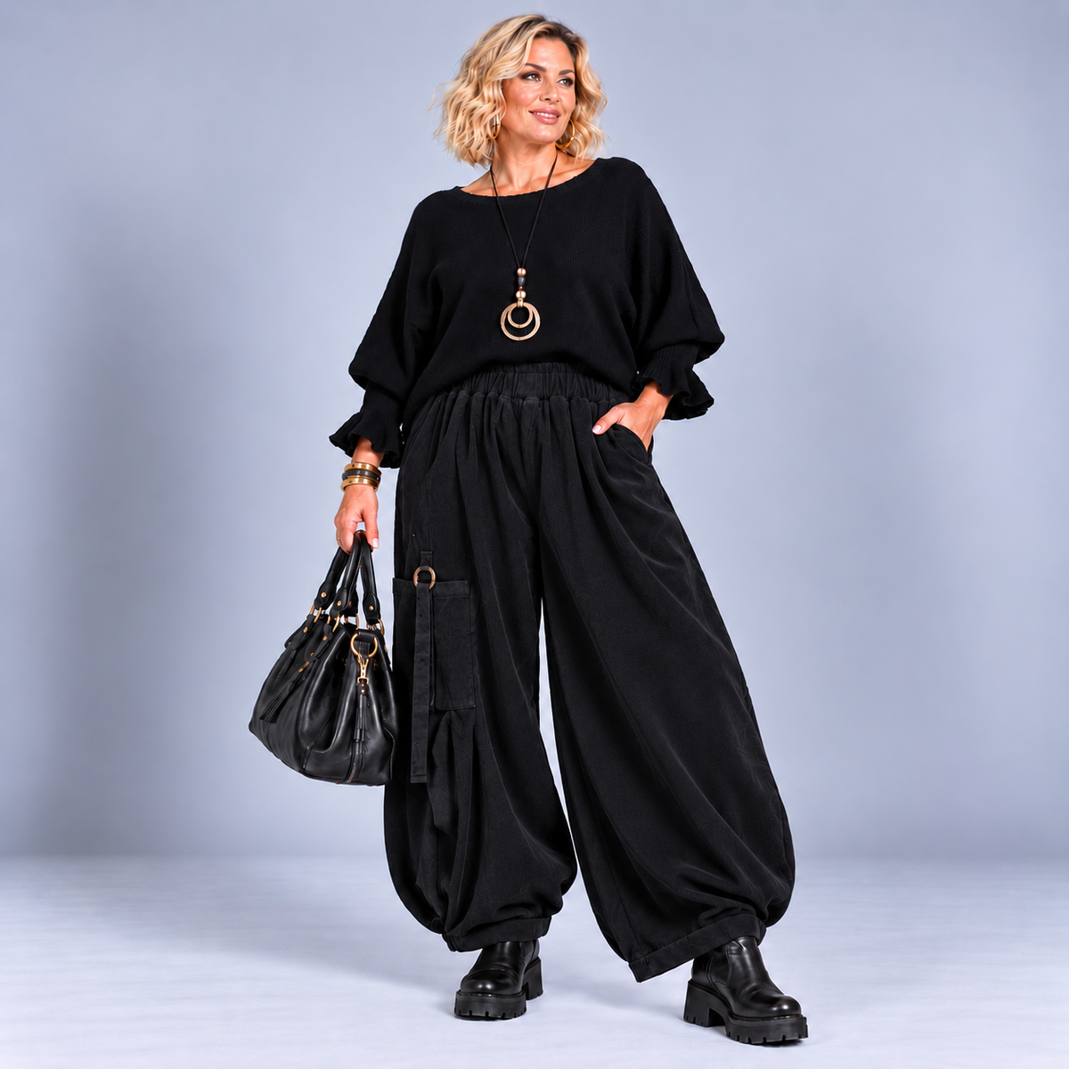 Heavy Fine Cord Baggy Fit Trousers with Button Tassel Pocket Detail