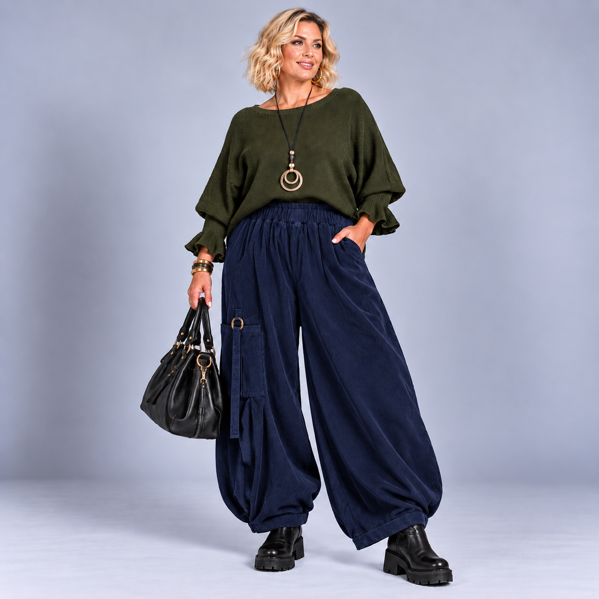 Heavy Fine Cord Baggy Fit Trousers with Button Tassel Pocket Detail