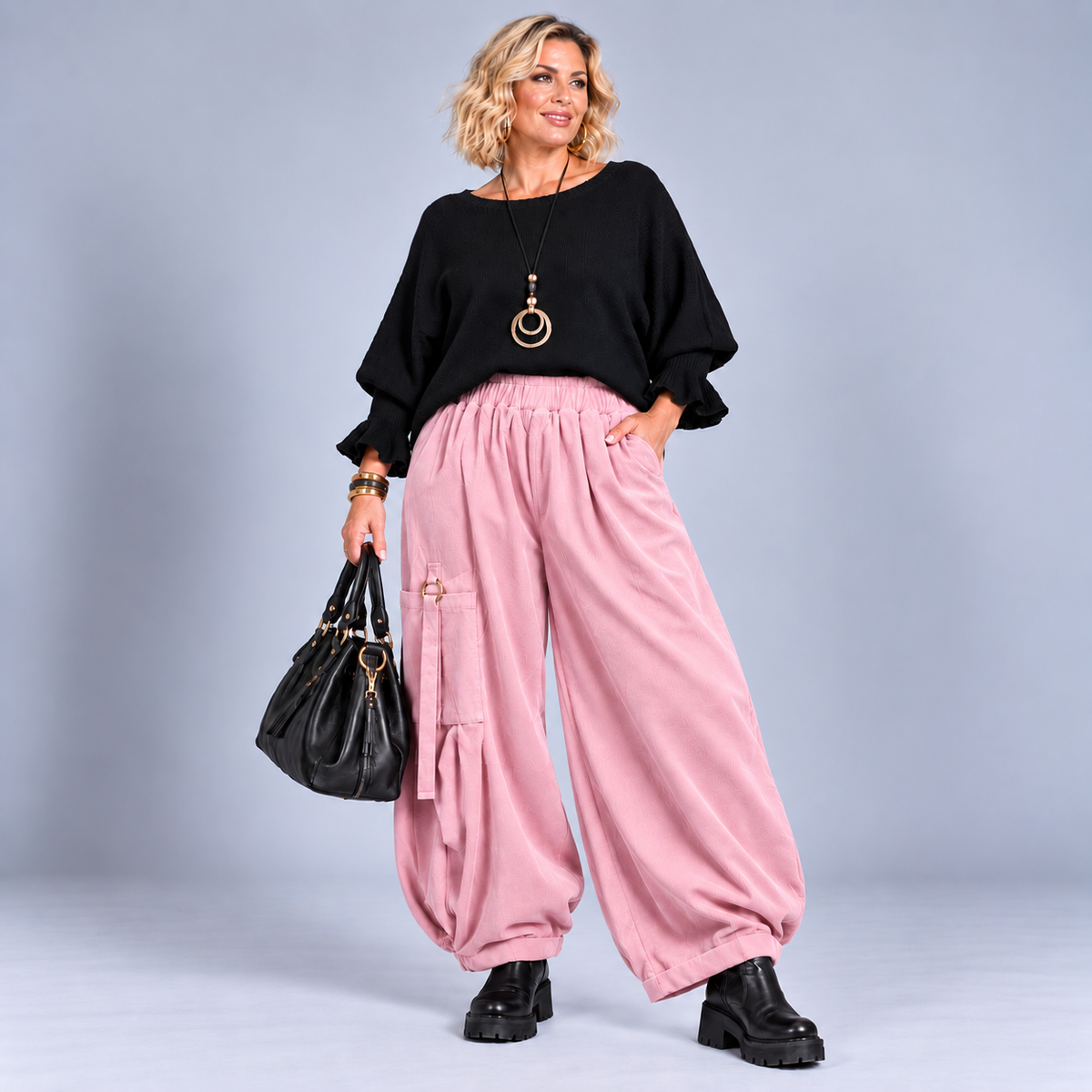 Heavy Fine Cord Baggy Fit Trousers with Button Tassel Pocket Detail