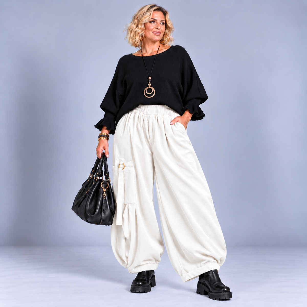 Heavy Fine Cord Baggy Fit Trousers with Button Tassel Pocket Detail