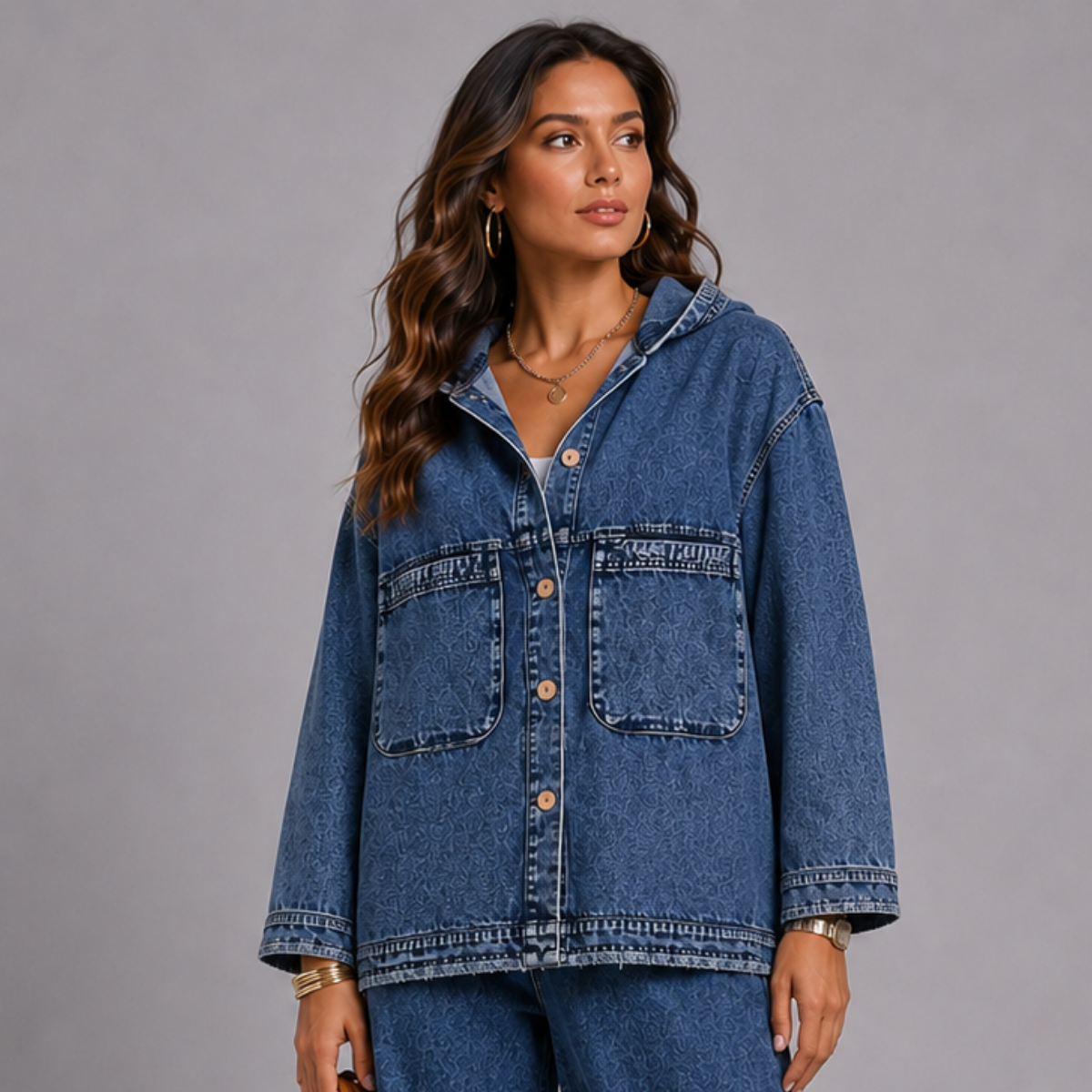 DENIM JACKET WITH BUTTONS AND HOOD