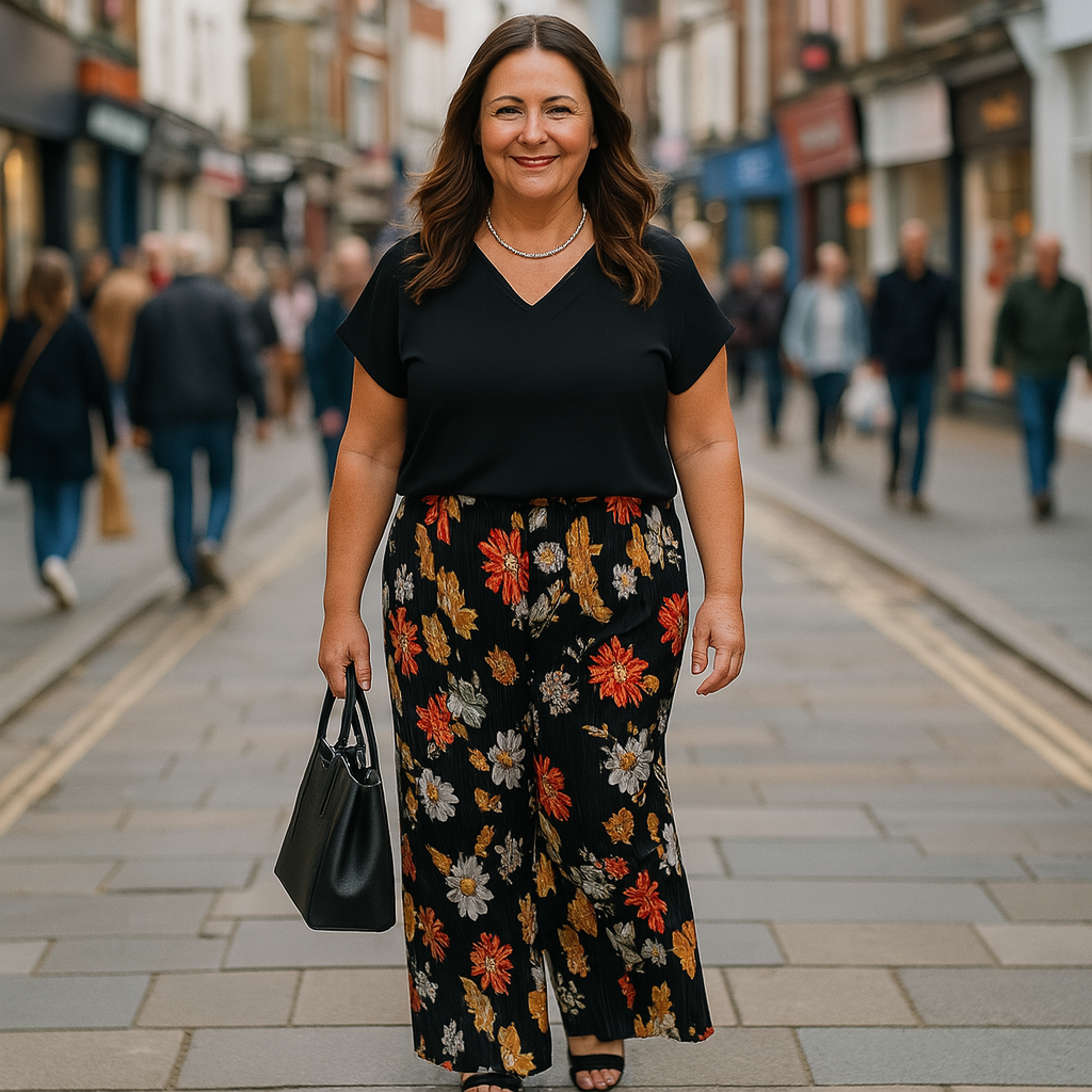Black Floral Crinkle Pleated Trousers