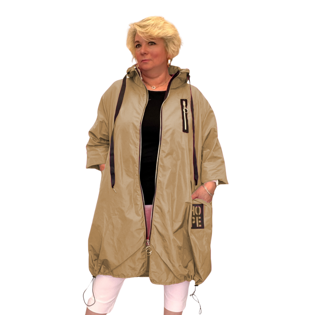 RAIN COAT WITH DRAWSTRING DIPPED HEM AND HOOD