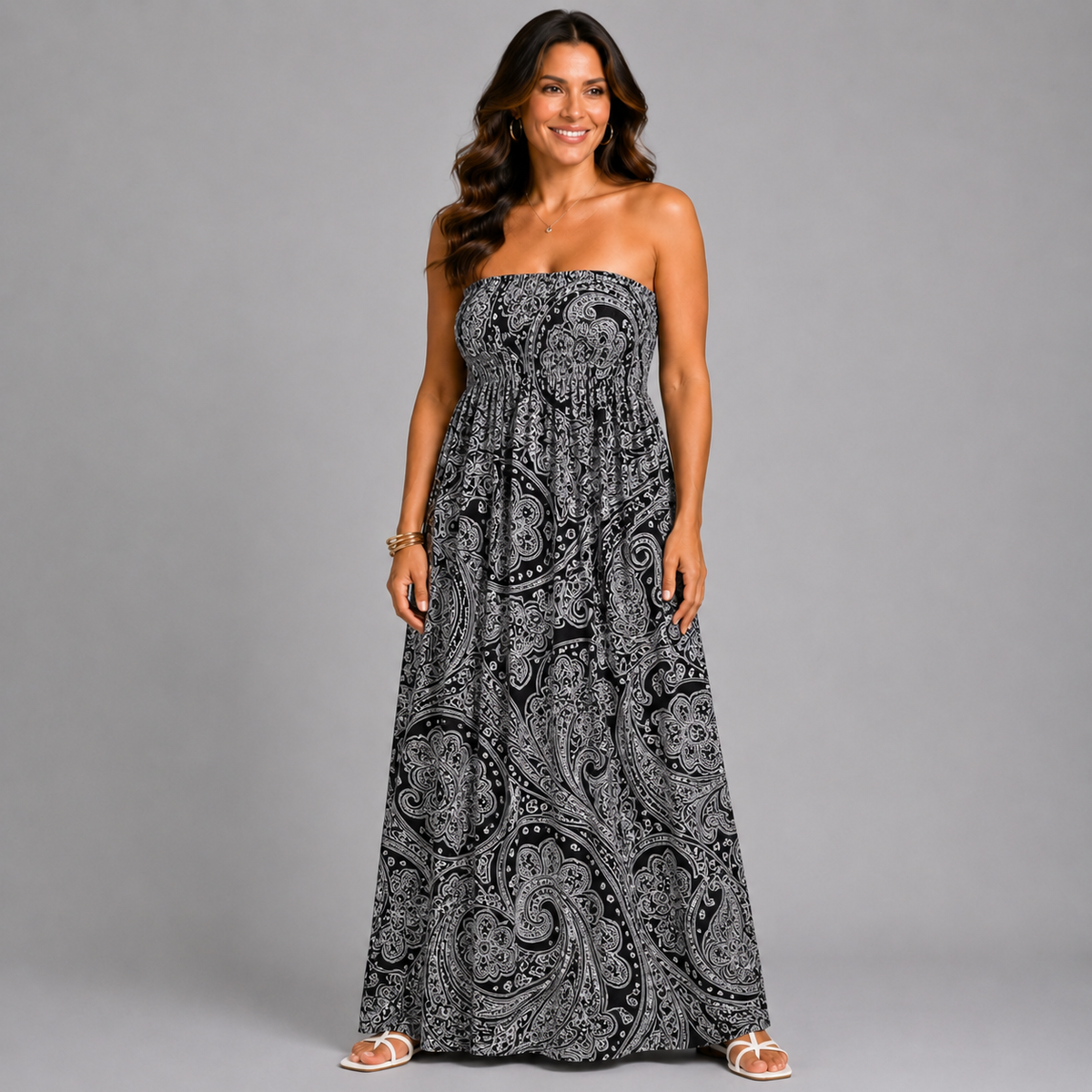 Black White Paisley Strapless Boob Tube Maxi Dress