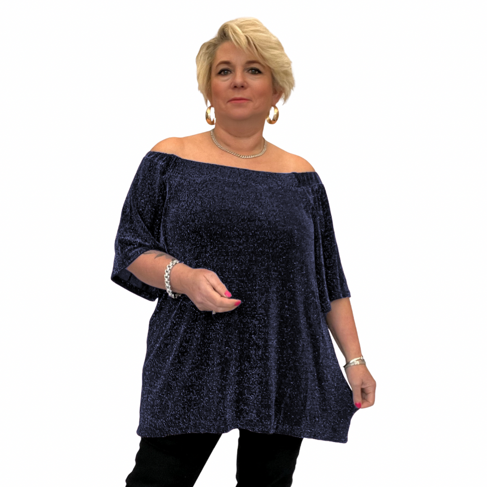 BARDOT OFF SHOULDER TRUMPET SLEEVE SPARKLY TOPBLUE / UK 14