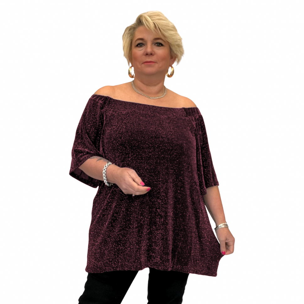 BARDOT OFF SHOULDER TRUMPET SLEEVE SPARKLY TOP