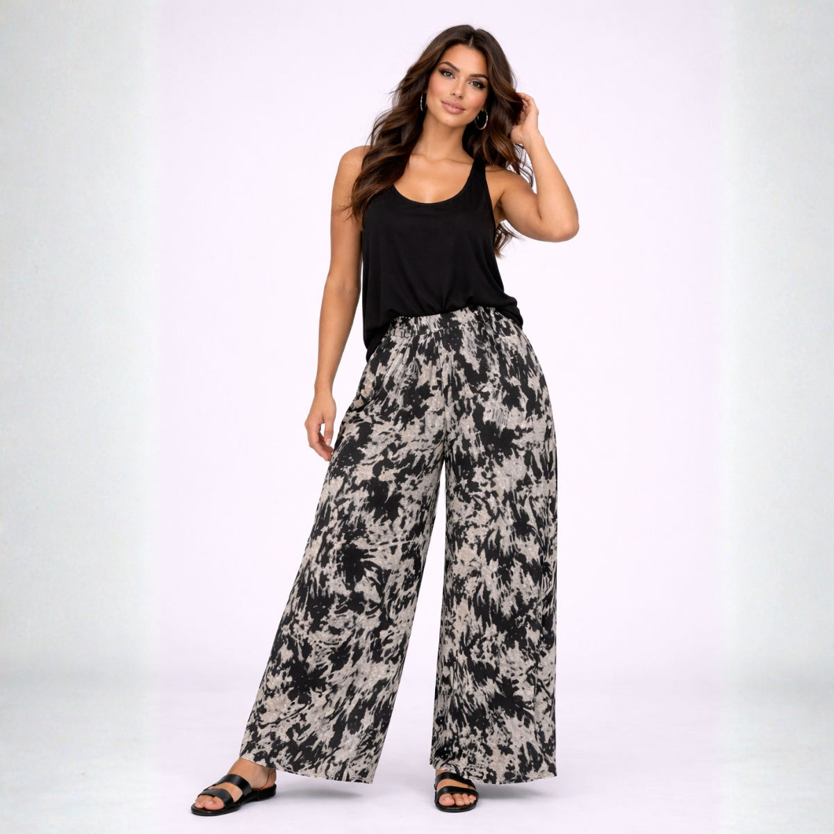 Black Grey Splash Print Wide Leg Palazzo Trousers