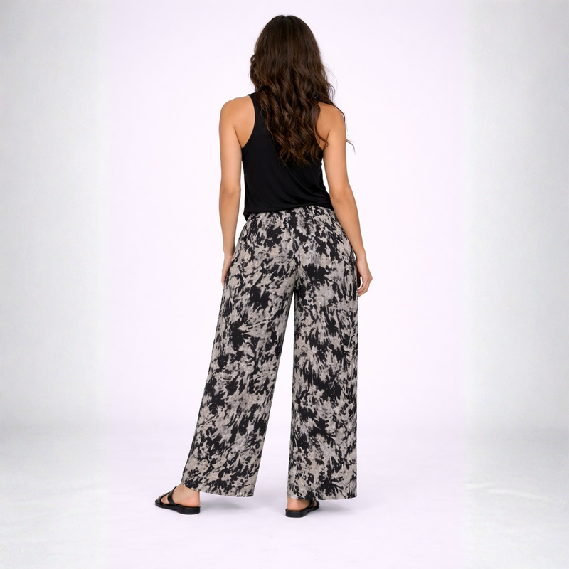 Black Grey Splash Print Wide Leg Palazzo Trousers