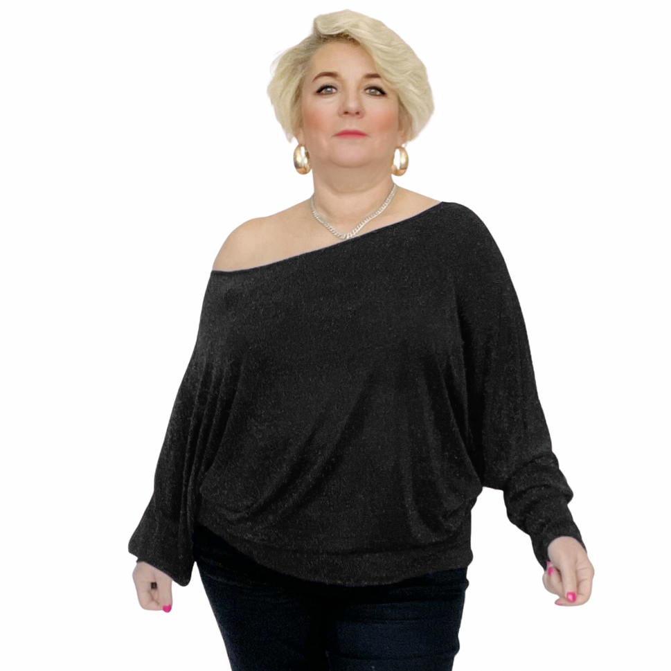 SPARKLY SHIMMER OFF SHOULDER BARDOT TOPBLACK SILVER / UK 14