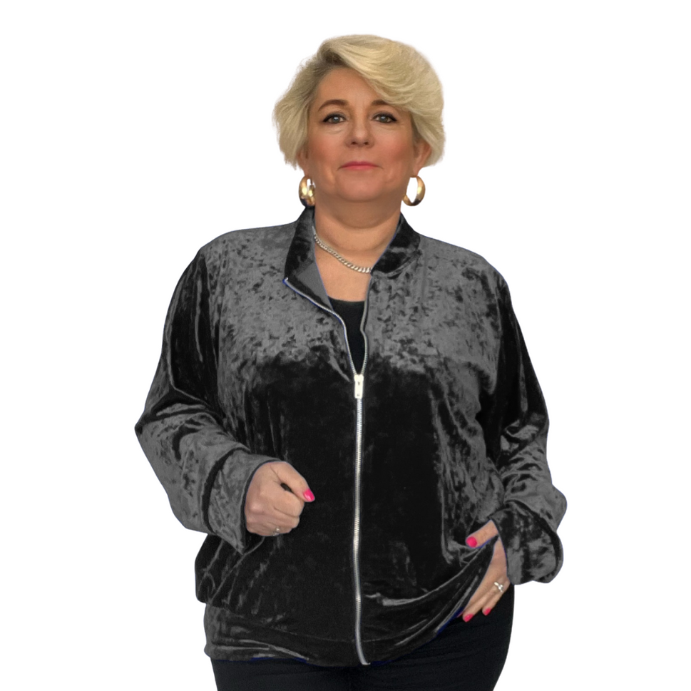 VELVET ZIP UP BOMBER JACKET PARTY EVENING STYLEBLACK / UK 12