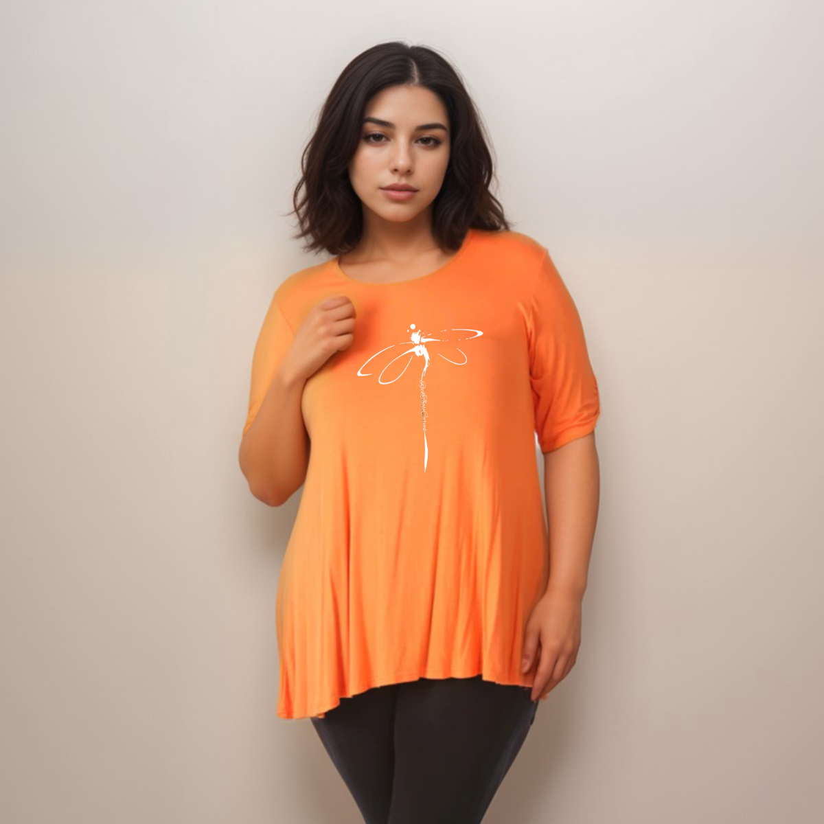Plus‑Size Dragonfly Button Sleeve Swing Top