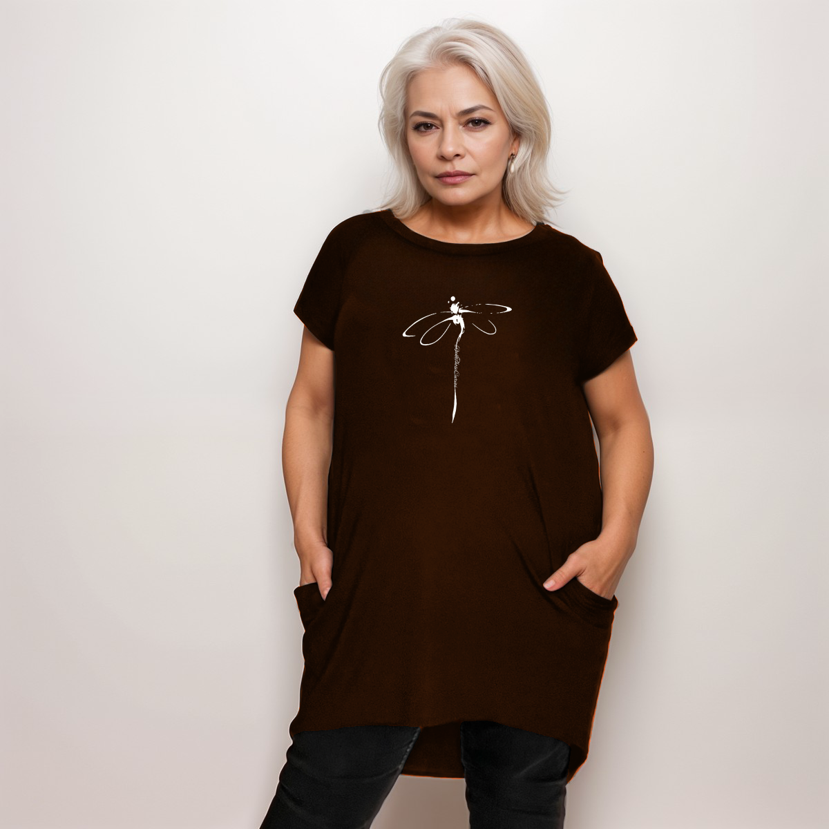 DRAGONFLY LONG DIPPED HEM T-SHIRT WITH POCKETS