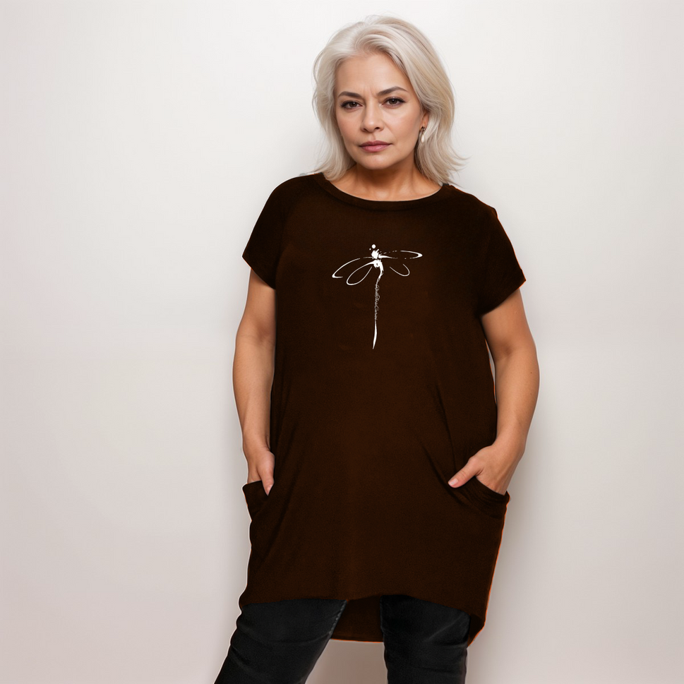 DRAGONFLY LONG DIPPED HEM T-SHIRT WITH POCKETSBROWN / UK 12-14