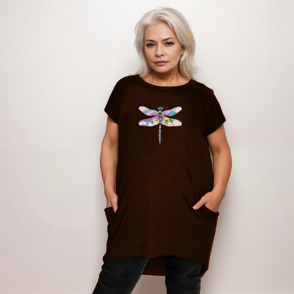 MULTI DRAGONFLY DIPPED HEM T-SHIRT WITH POCKETSBROWN / UK 12-14