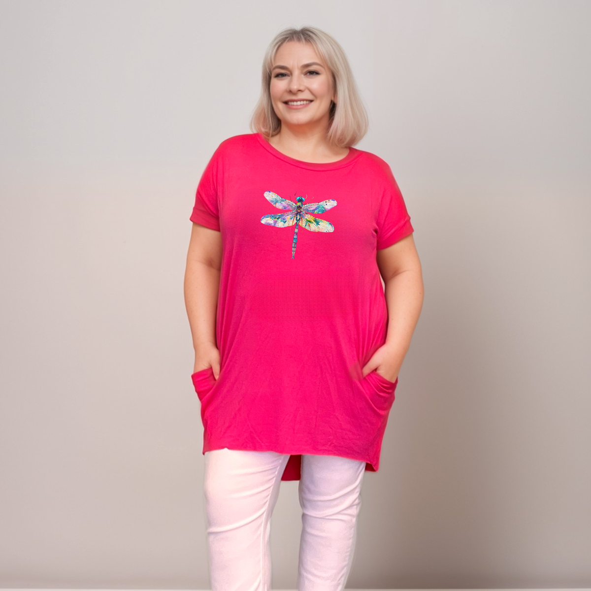 MULTI DRAGONFLY DIPPED HEM T-SHIRT WITH POCKETS