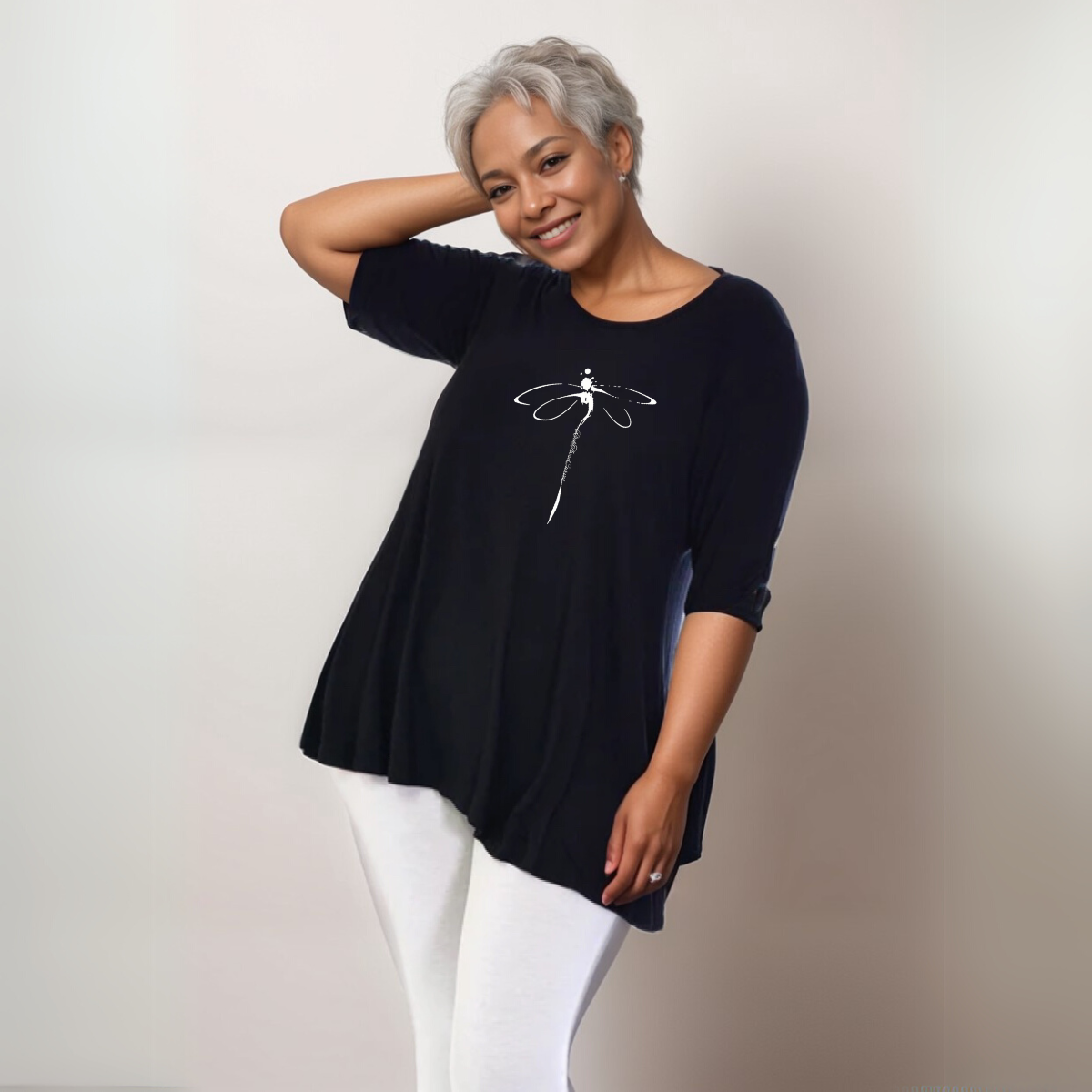 Plus‑Size Dragonfly Button Sleeve Swing Top