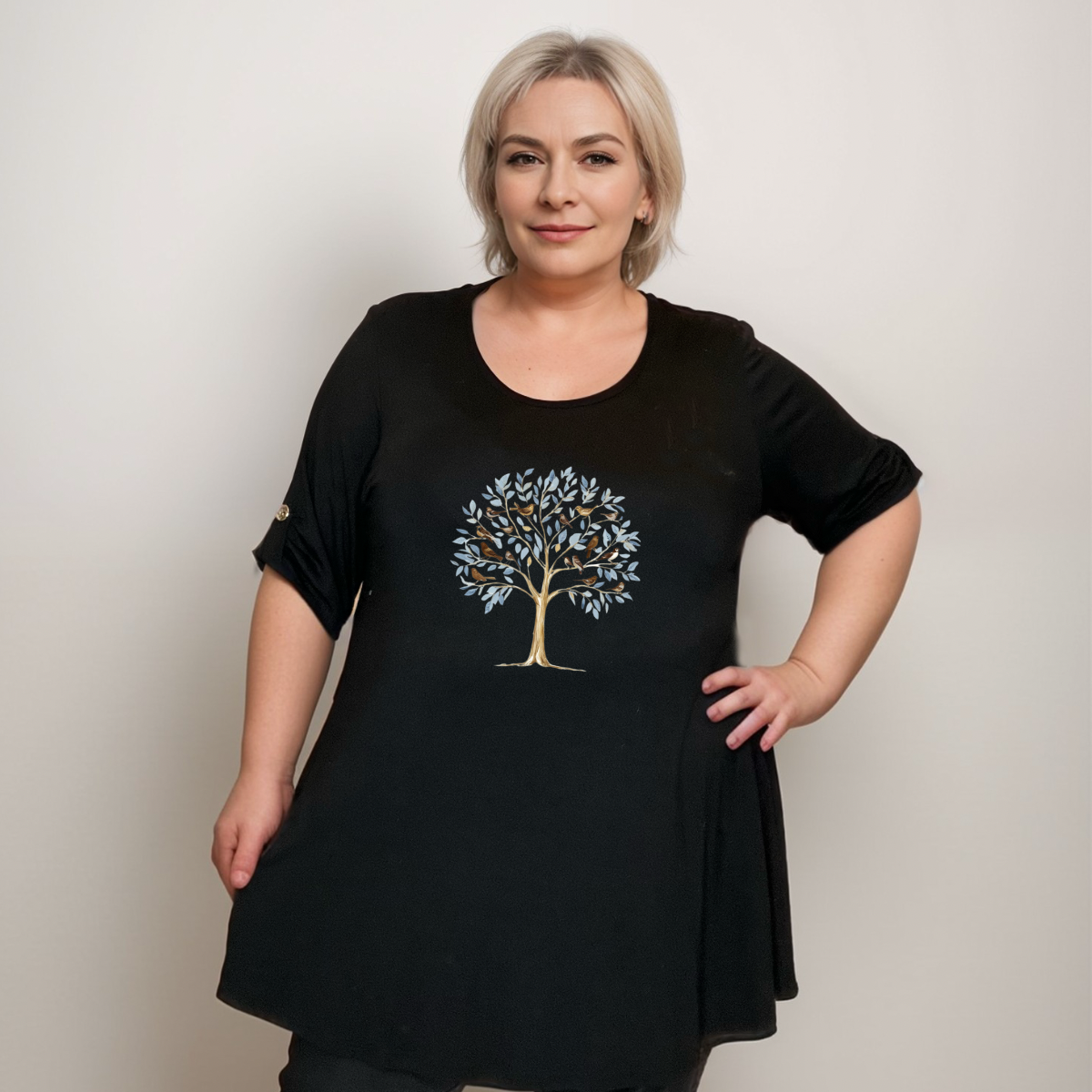 BIRDS IN A TREE BUTTON SLEEVE SWING TOP