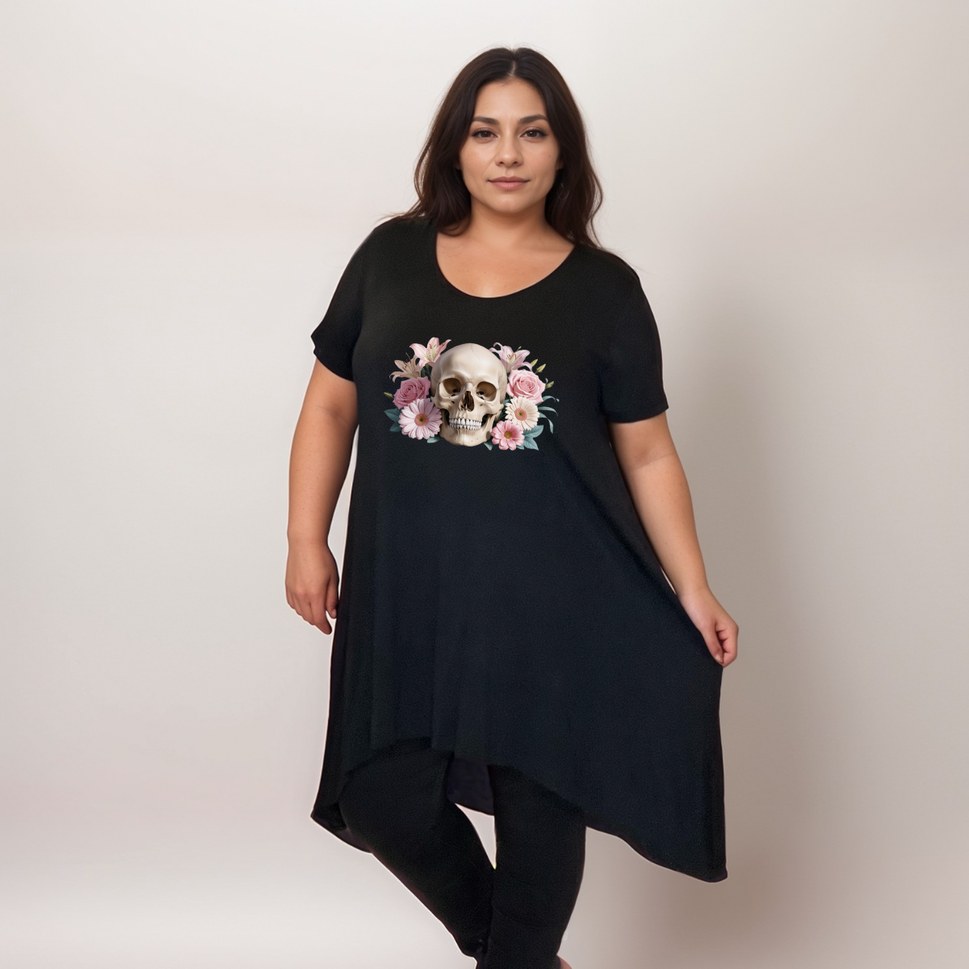 FLORAL SKULL HANKY HEM SWING TOP