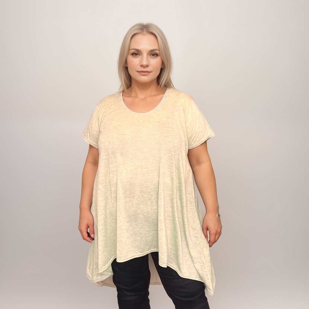 Plus‑Size Plain Pastel Short Sleeve Swing Top with Hanky Hem