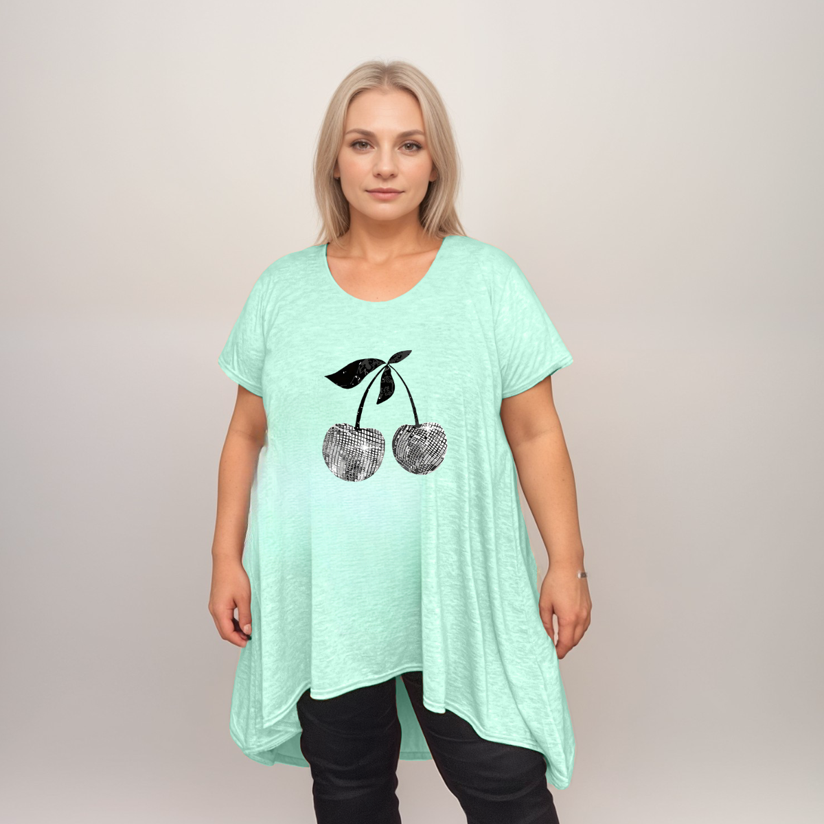 Plus‑Size Pastel Cherry Print Hanky Hem Swing Top