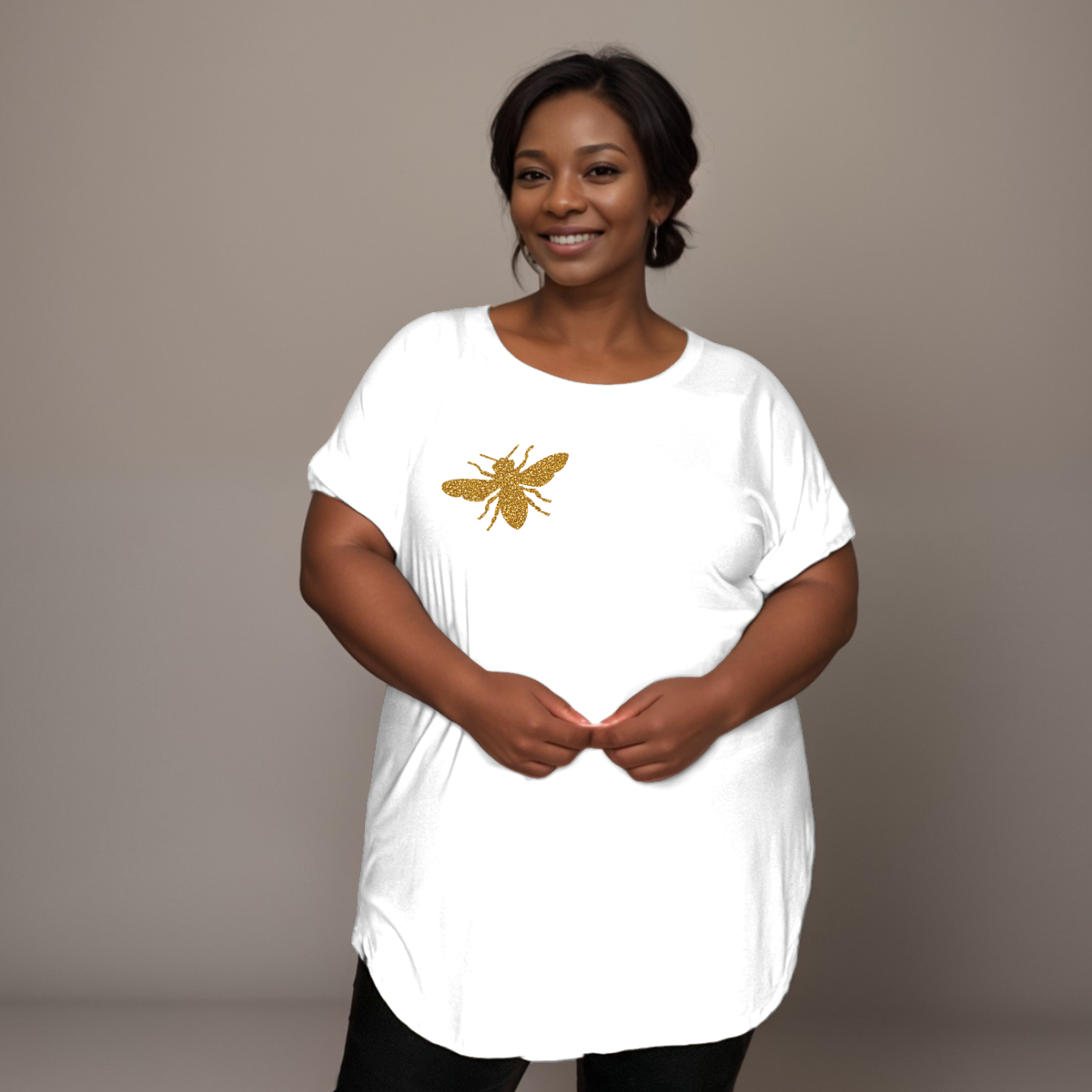 Bee Print Short Sleeve Dipped Hem T-Shirt