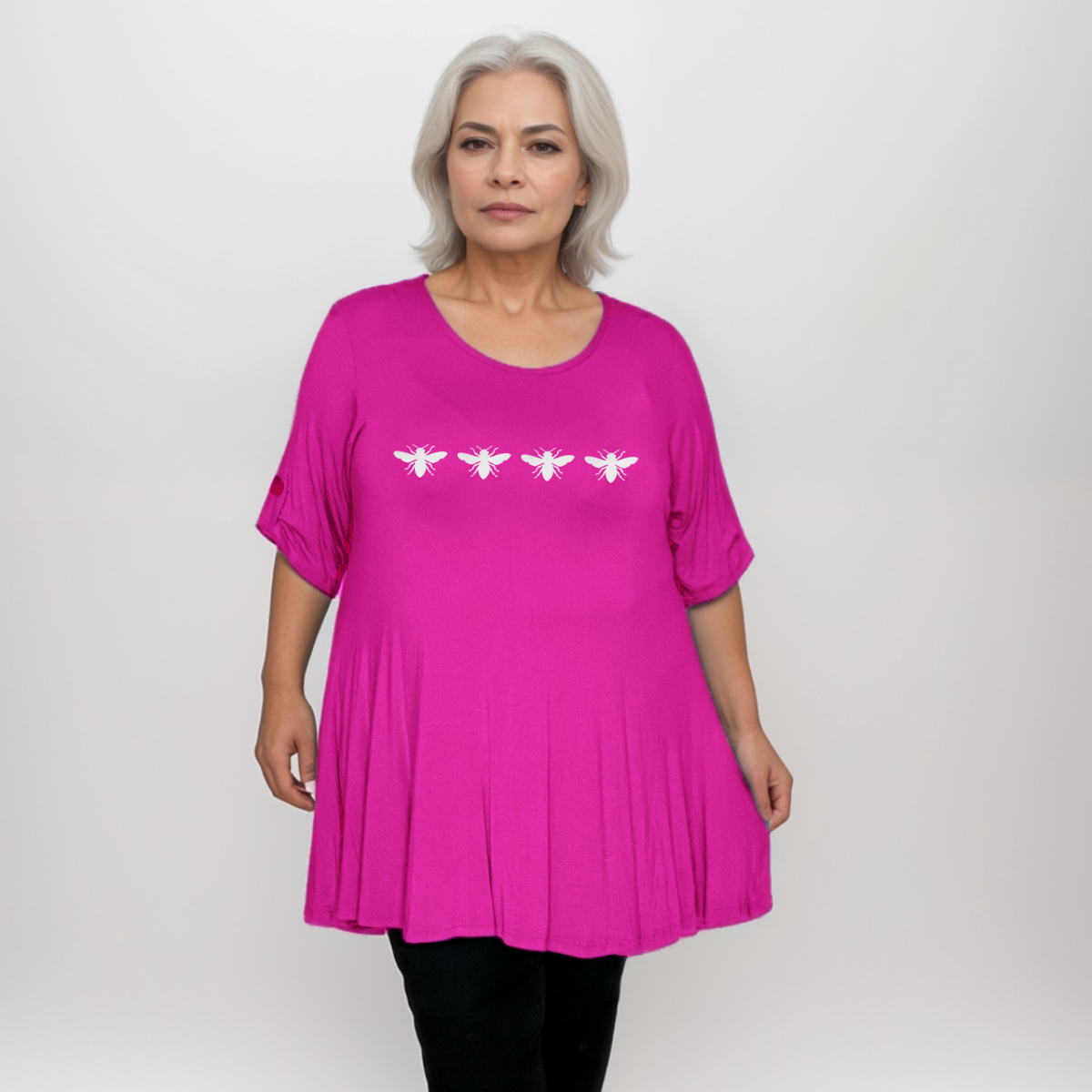 4 Bees Print Plus-Size Button Sleeve Swing Top