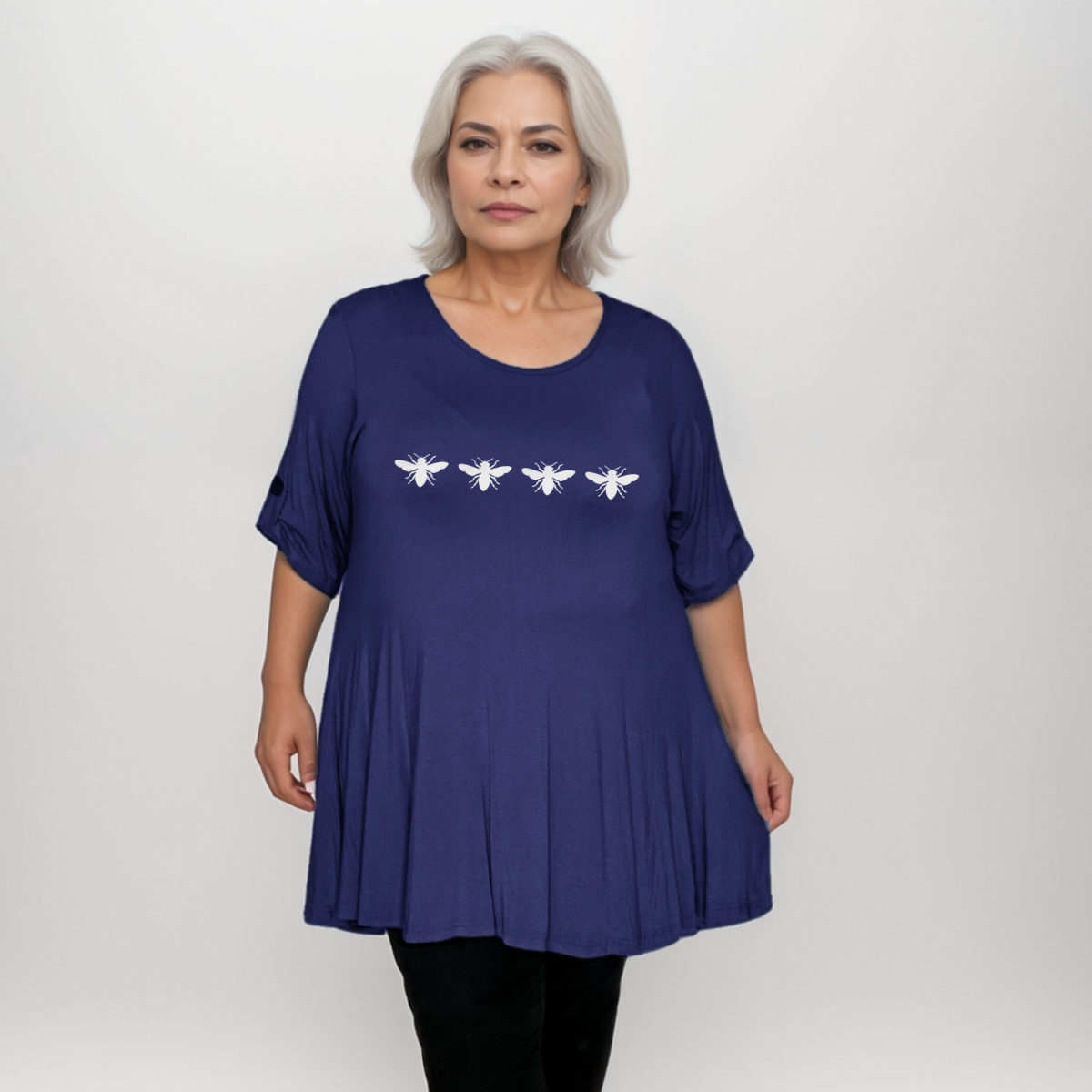 4 Bees Print Plus-Size Button Sleeve Swing Top