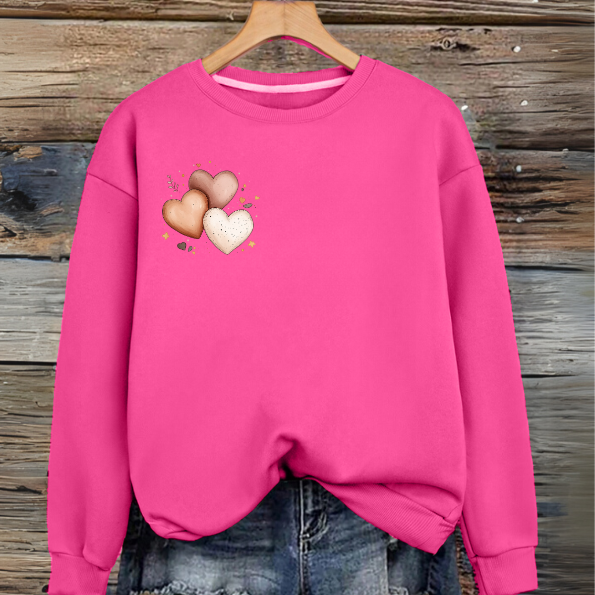Plus-Size Cotton Sweatshirt with Triple Heart Design