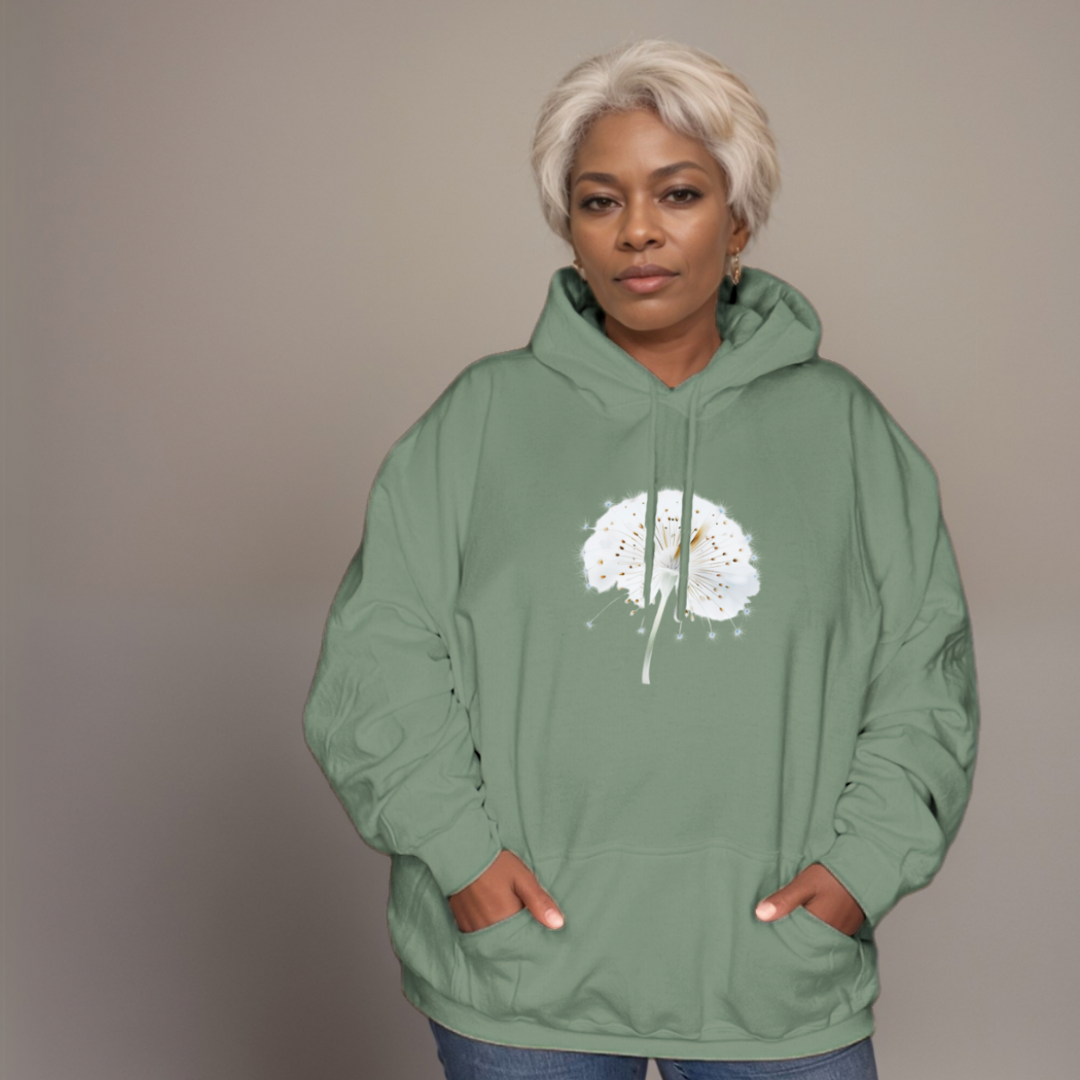 Loose-Fitting Cotton Hoodie with Dandelion Print Plus-Size