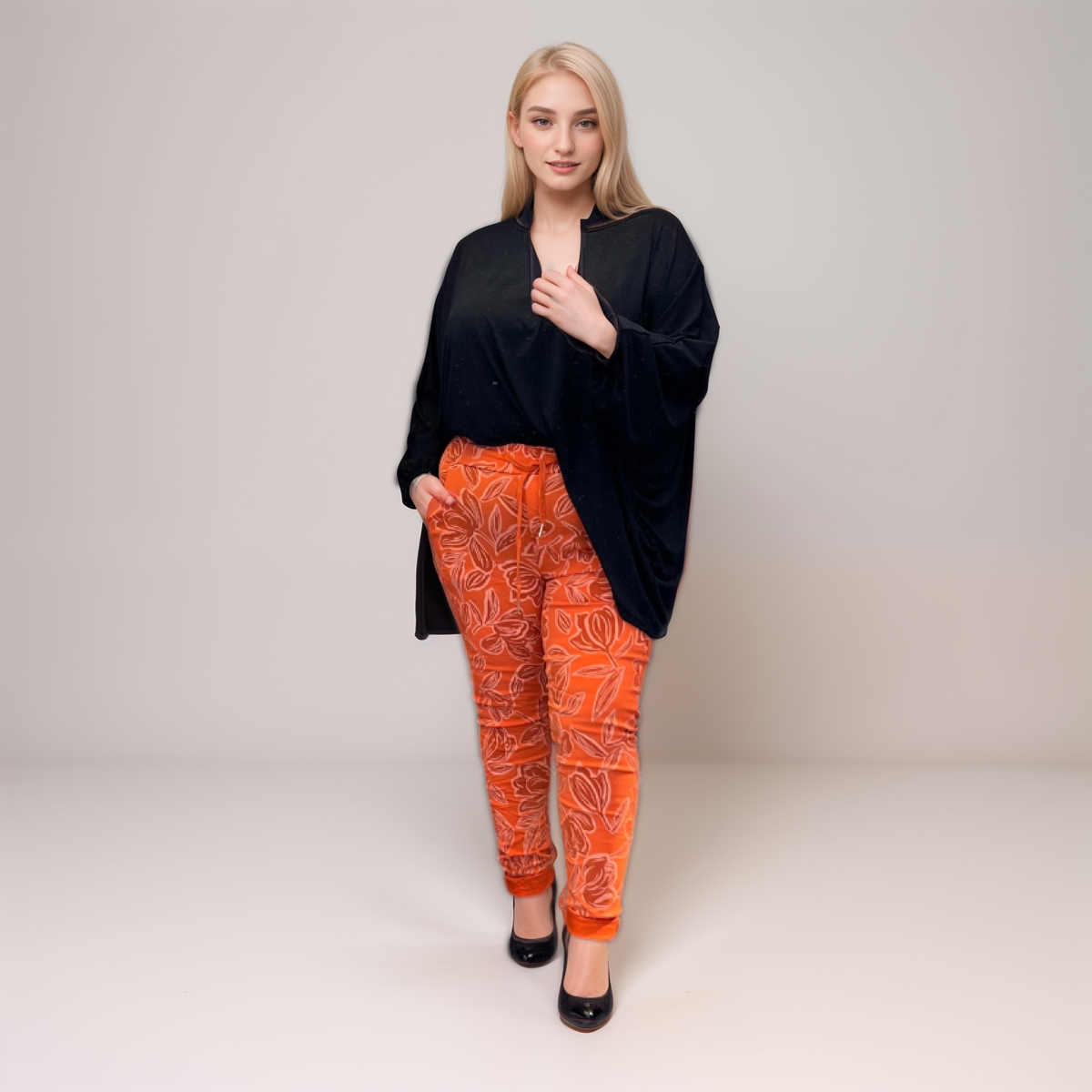 Stretchy Floral Skinny Jeans (“Magic Trousers”) with Side Pockets