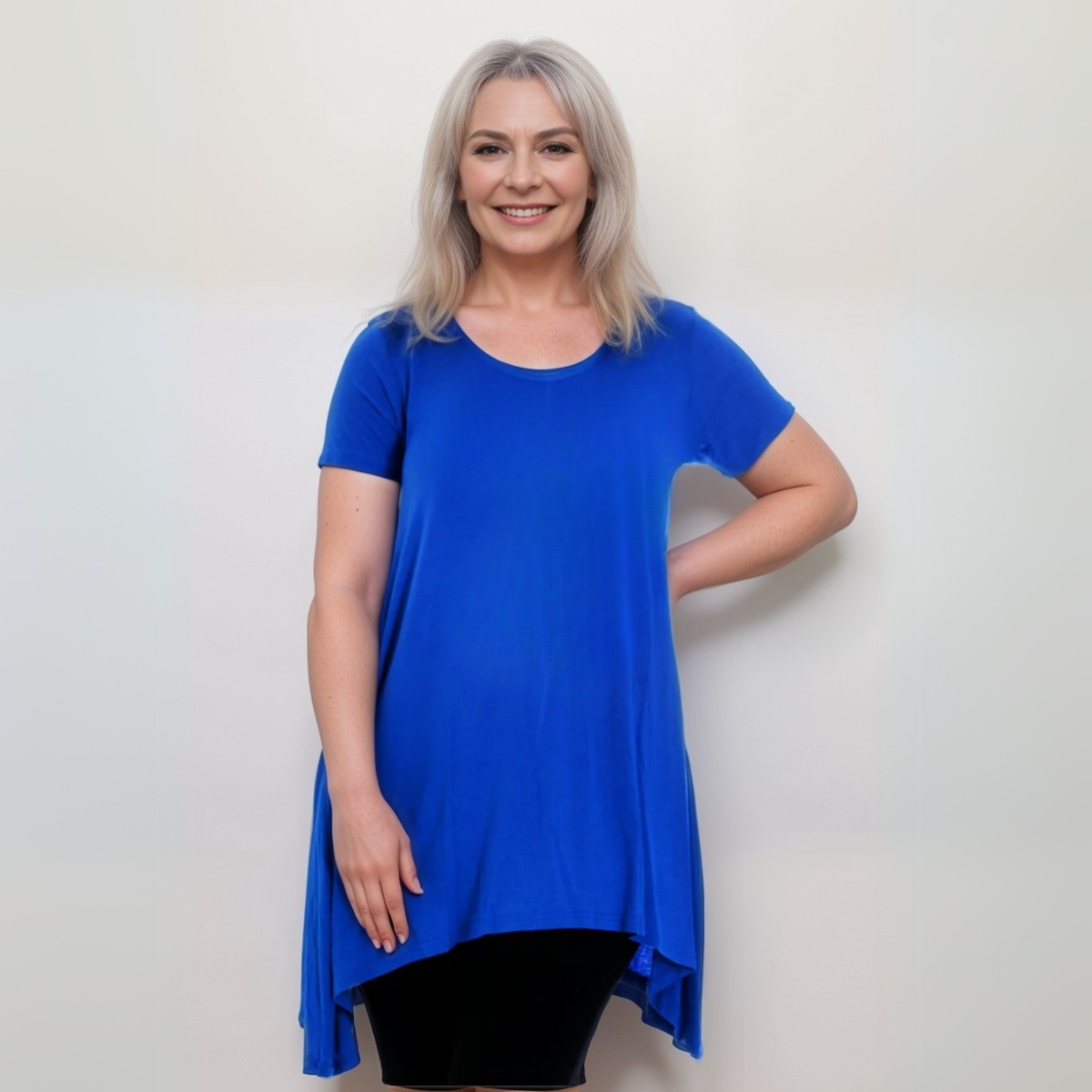 Long Plain Short Sleeve Swing Top with Hanky Hem
