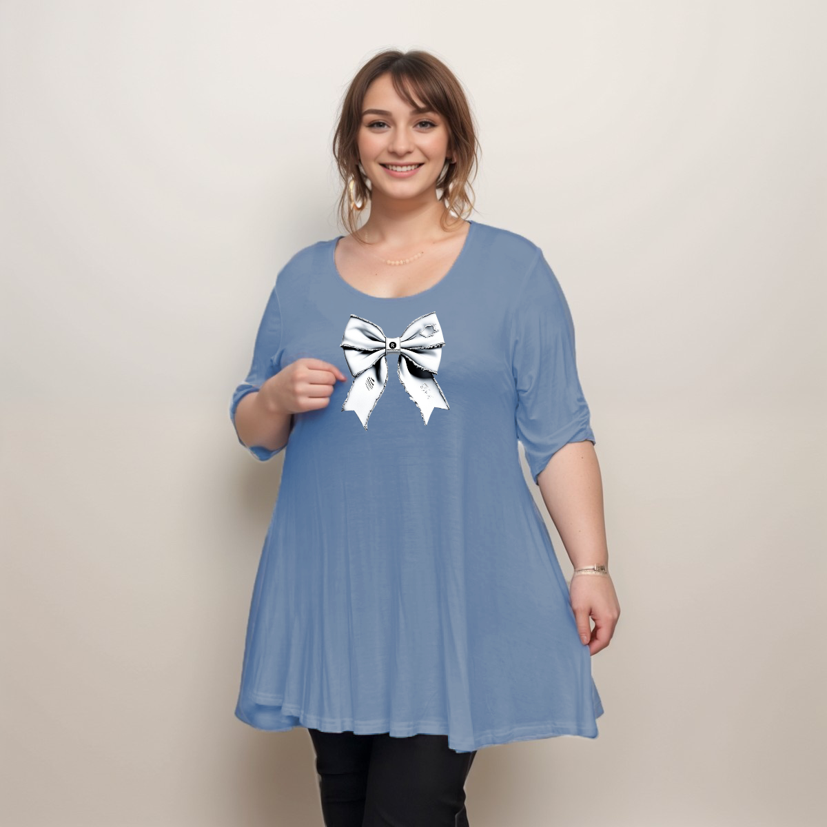 GREY BOW BUTTON SLEEVE SWING TOP