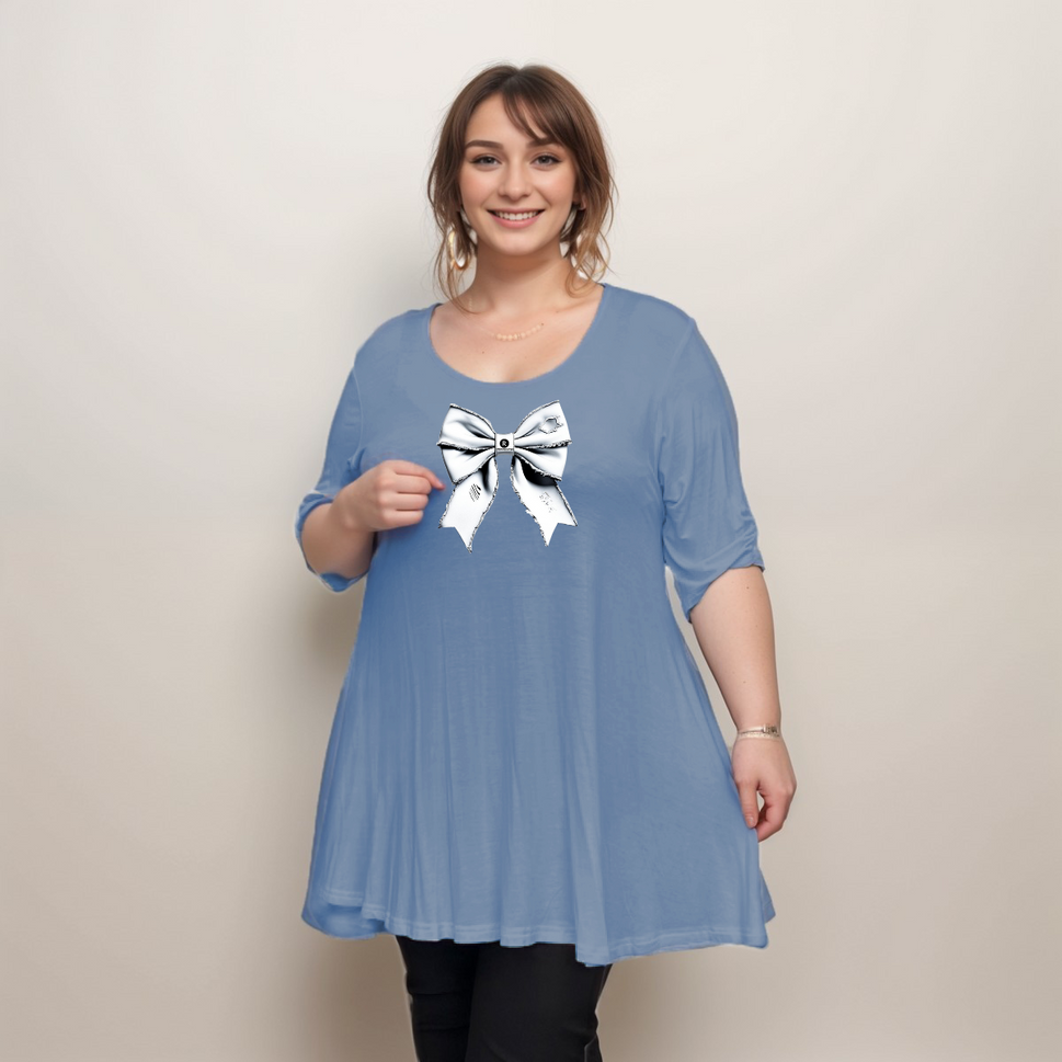 GREY BOW BUTTON SLEEVE SWING TOPBLUE / UK 14