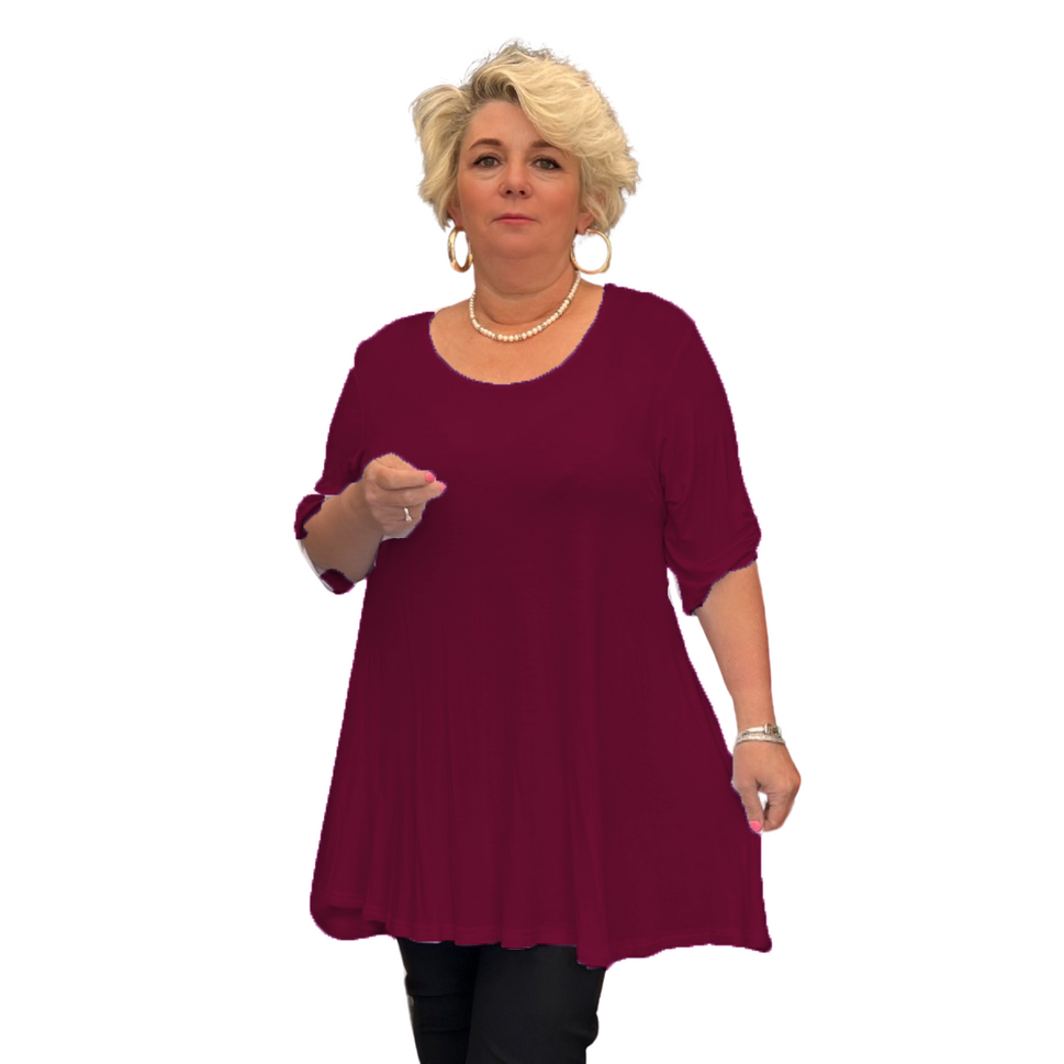 LOOSE FITTING A-LINE SWING TOP WITH BUTTON SLEEVESWINE / UK 14