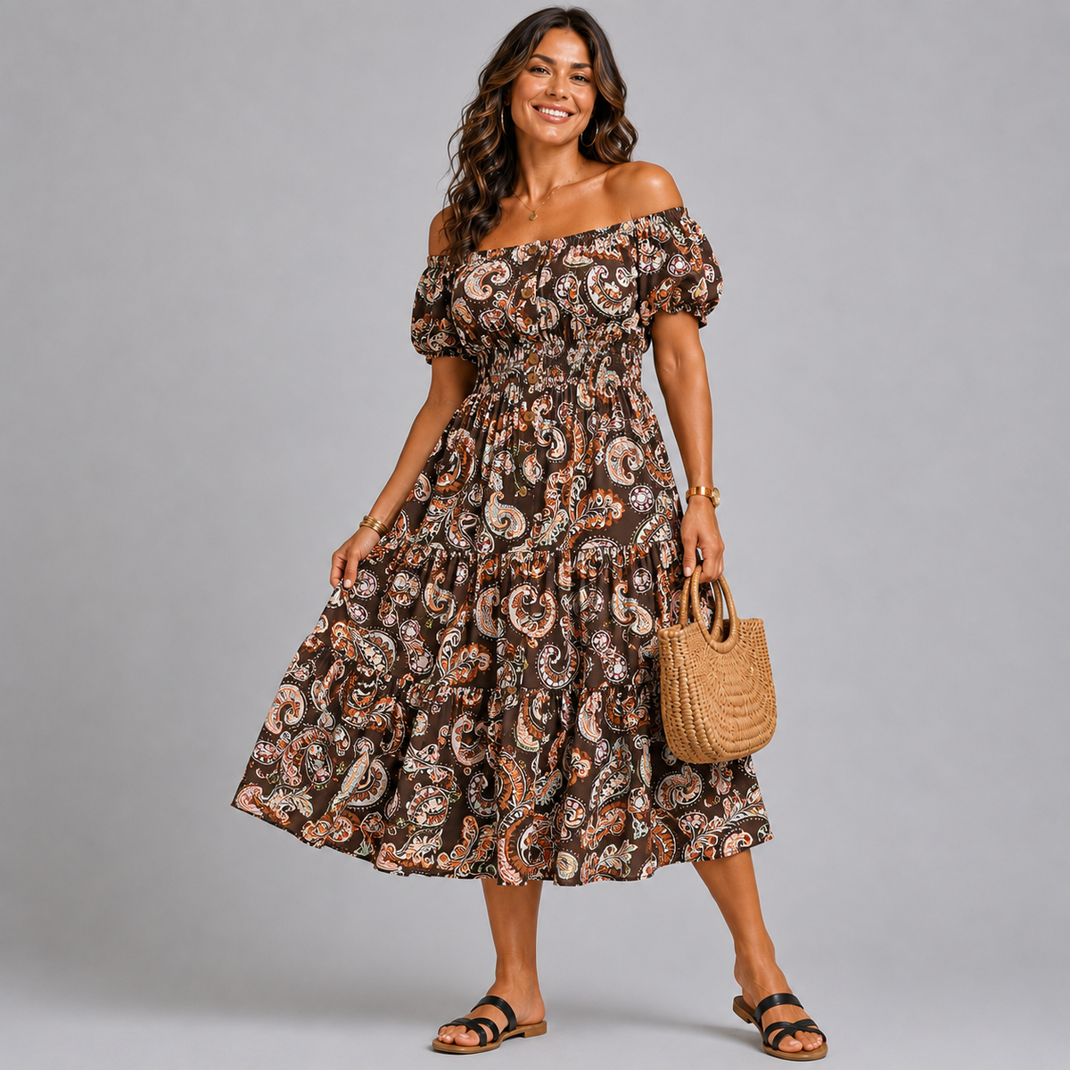 Paisley Print Elastic Waist Gypsy Style Midi Dress