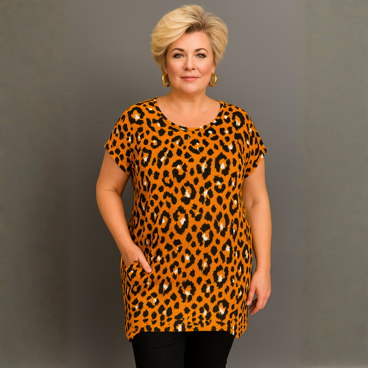 Orange Leopard Dipped Hem T-shirt with Side Pockets