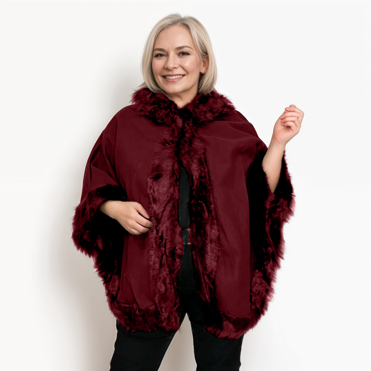 WOOL PONCHO CAPE COAT FAUX FUR EDGING + HOOD