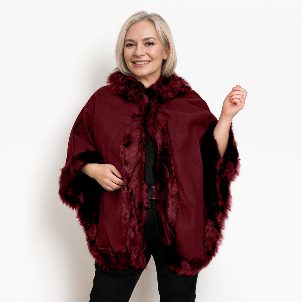 WOOL PONCHO CAPE COAT FAUX FUR EDGING + HOODWINE / ONE SIZE