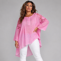 Oversized Long Length Lace Panel Blouse with 3/4 Frilled Sleeves
