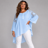 Oversized Long Length Lace Panel Blouse with 3/4 Frilled Sleeves