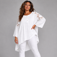Oversized Long Length Lace Panel Blouse with 3/4 Frilled Sleeves