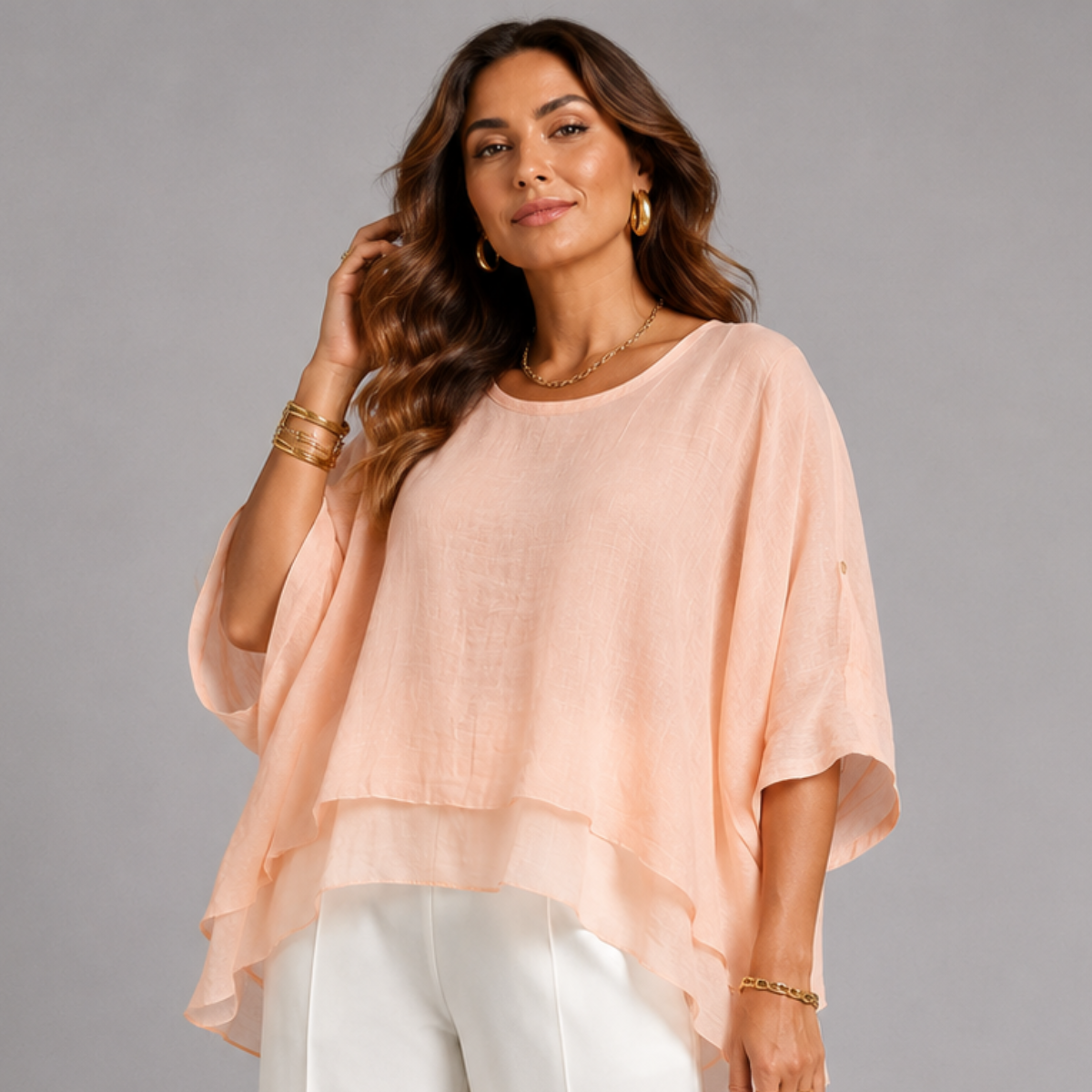 Chiffon Layered Blouse with Button Tab Sleeves