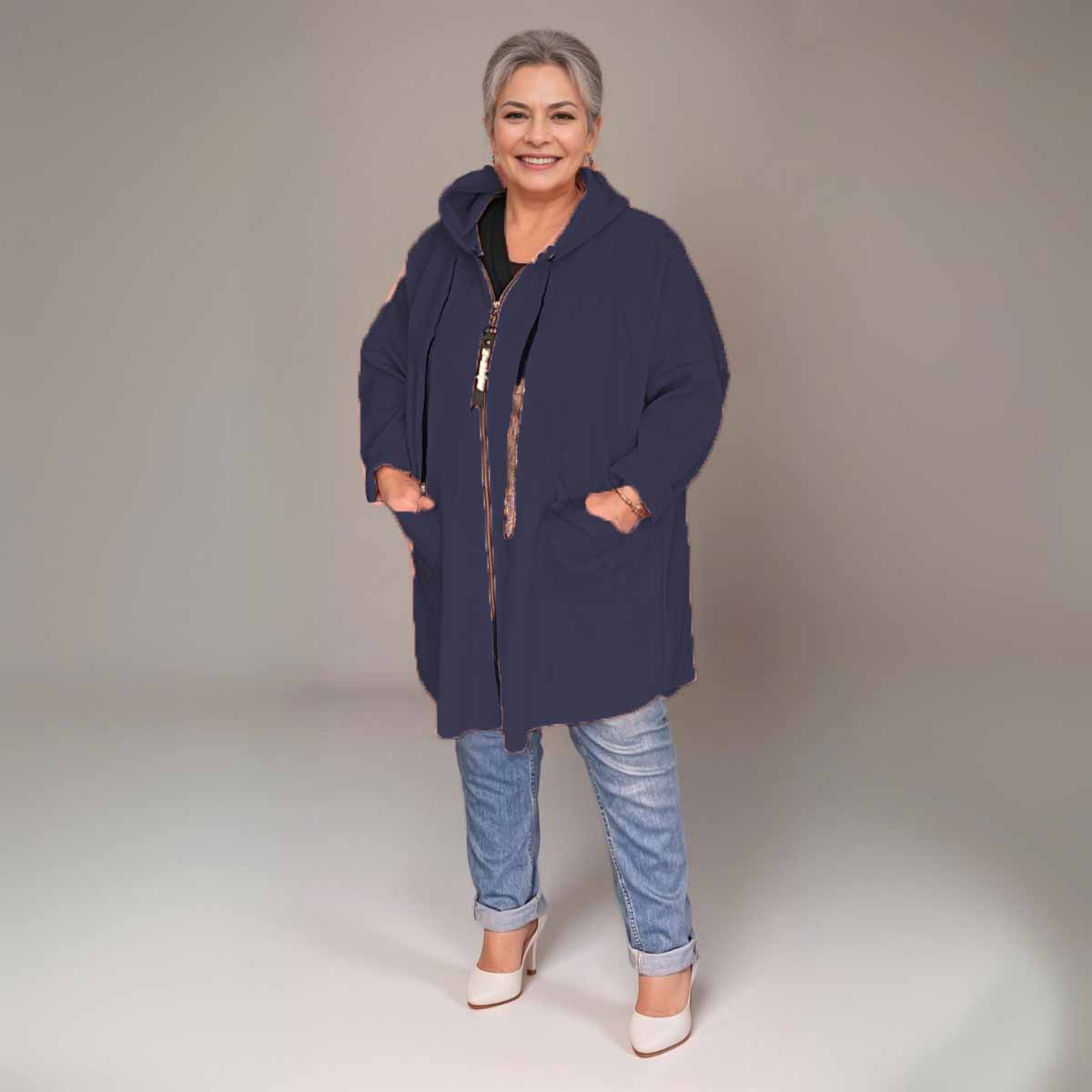 OVERSIZED POCKET FRONT COAT WITH HOOD