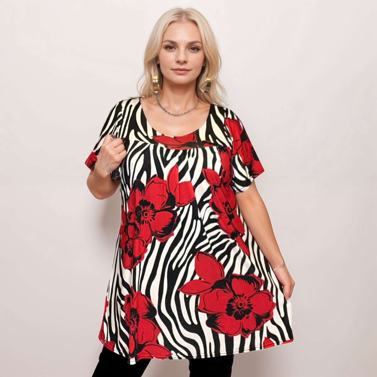 ROCKTHOSECURVES RED WHITE BLACK SWIRL SHORT SLEEVE A-LINE SMOCK TOP