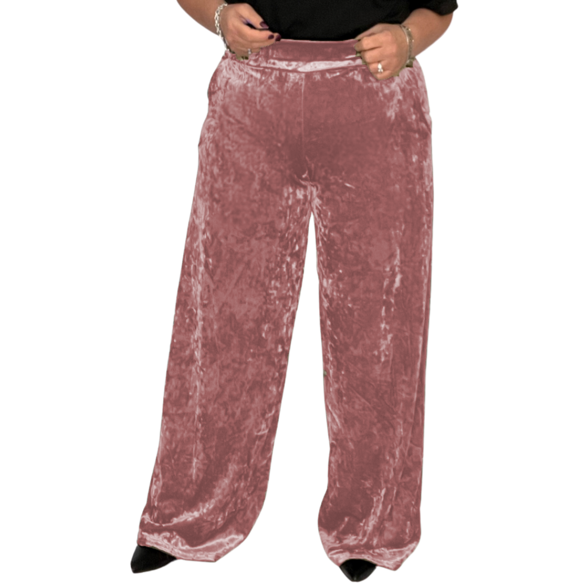 CRUSHED VELVET TROUSERS WITH HIGH ELASTIC WAIST AND POCKETS
