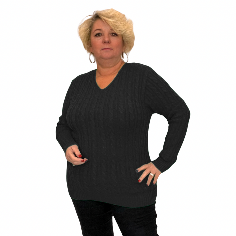 V NECK CABLE KNIT LONG SLEEVE JUMPERBlack / UK 12-14