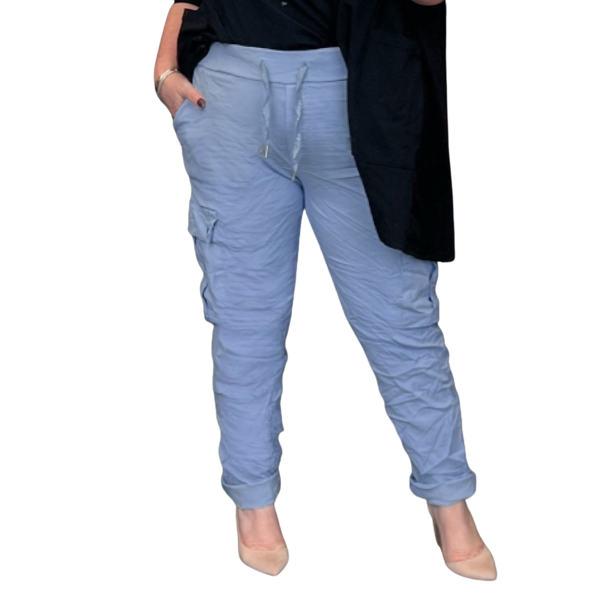 SUPER STRETCHY HIGH RISE ELASTIC WAIST CARGO TROUSERS