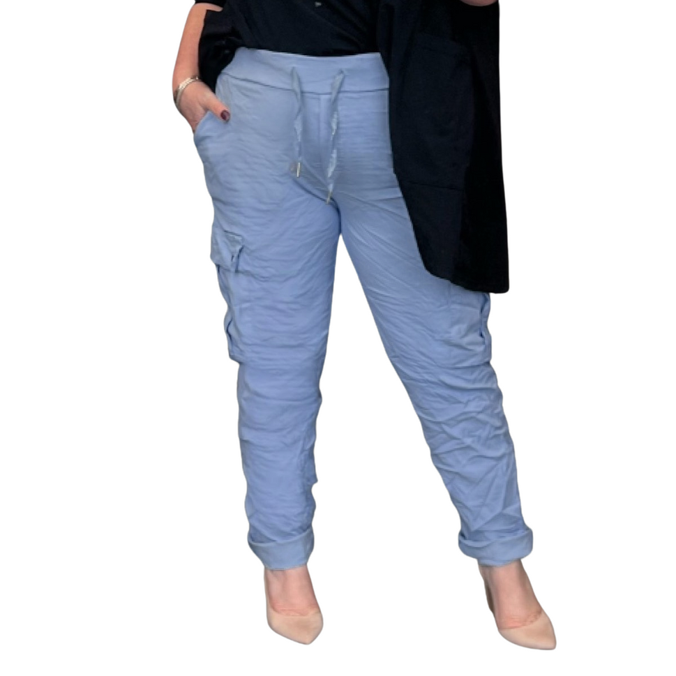 SUPER STRETCHY HIGH RISE ELASTIC WAIST CARGO TROUSERSDenim Blue / UK 12-14